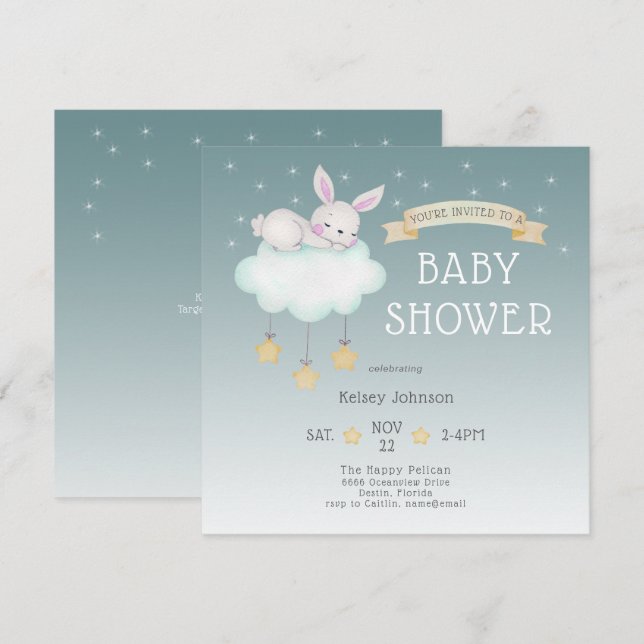 Woodland Watercolor Bunny Starry Baby Shower Inbjudningar (Fram/baksida)