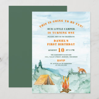 Woodland Watercolor Little Camper First Birthday Inbjudningar