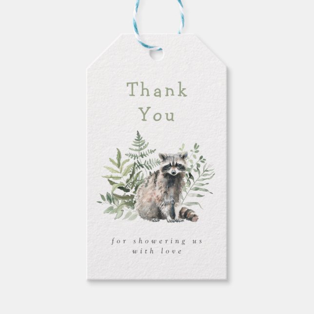 Woodland Watercolor Raccoon Baby Shower Presentetikett (Framsidan)