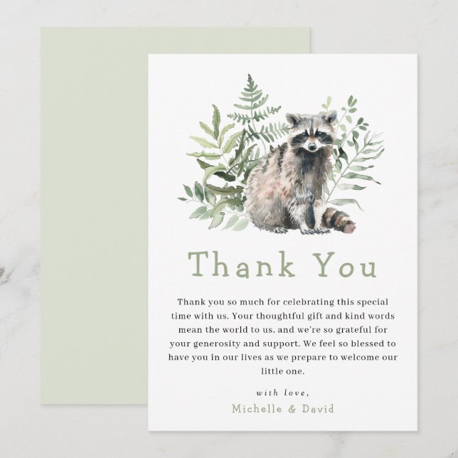 Woodland Watercolor Raccoon Baby Shower Tack (Fram/baksida)