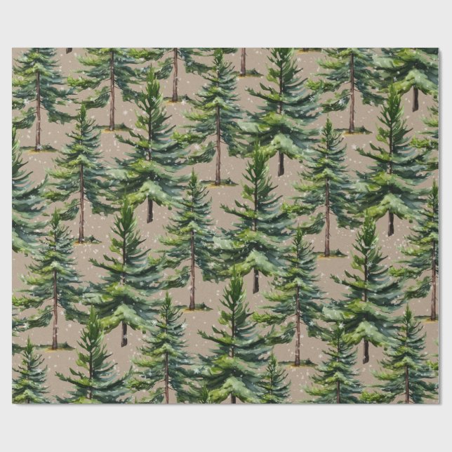 Woodland Watercolor Spruce Forest First Snö Kraft Presentpapper (Platt)