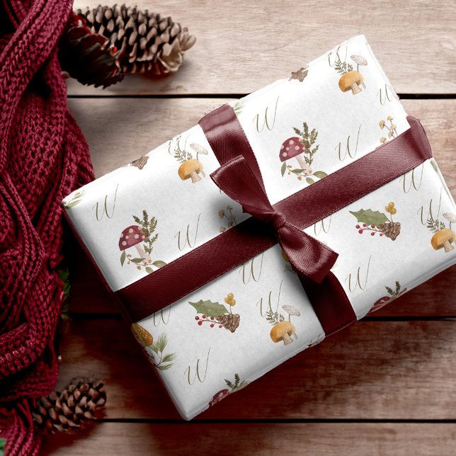 Woodland Watercolor Woodsy Mushroom Monogram Presentpapper (Woodland Watercolor Woodsy Mushroom Monogram Wrapping Paper)