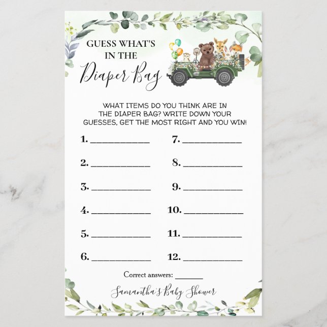 Woodland What's in the Diaper Bag Shower Game Card Flygblad (Framsidan)
