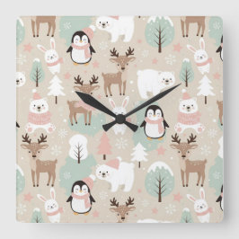 Woodland Whimsical Forest Animals Winter Fyrkantig Klocka