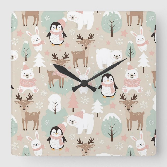 Woodland Whimsical Forest Animals Winter Fyrkantig Klocka (Framsida)