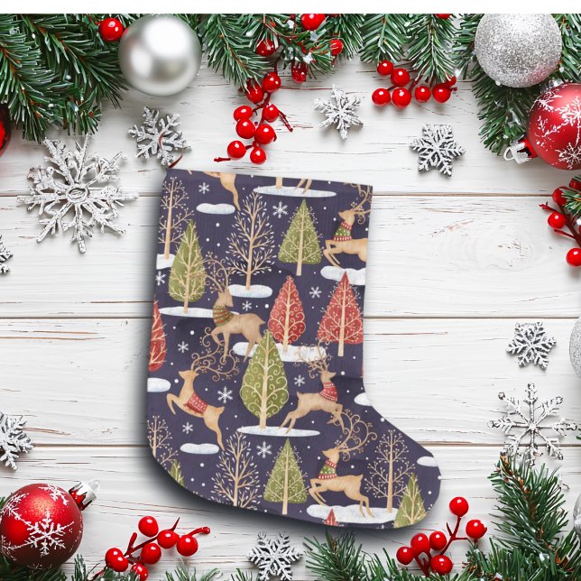 Woodland Whimsical Reindeers Winter Stor Julstrumpa (Skapare uppladdad)