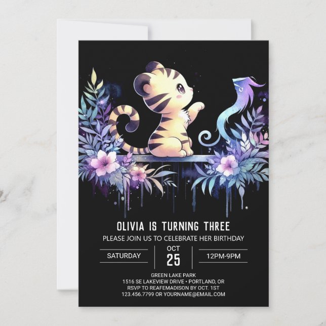 Woodland Whimsical Tiger Birthday Inbjudningar (Framsida)