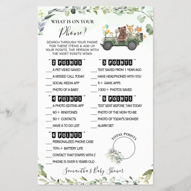 Woodland Whon the your Mobilare Baby Shower Game C Flygblad (Framsidan)