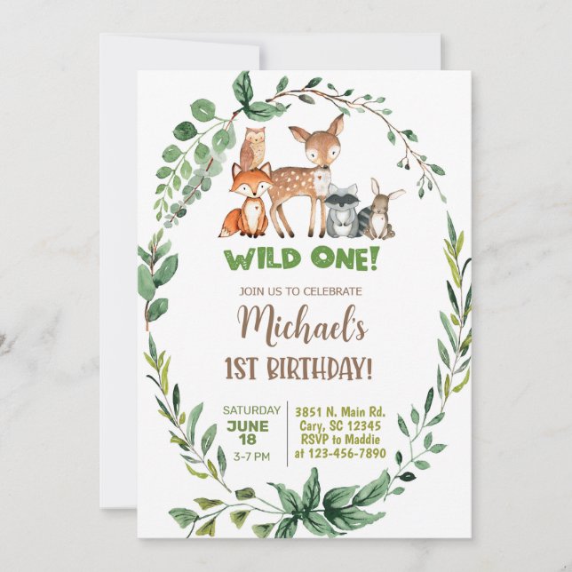 Woodland Wild One boy 1st birthday invitation. Inbjudningar (Framsida)