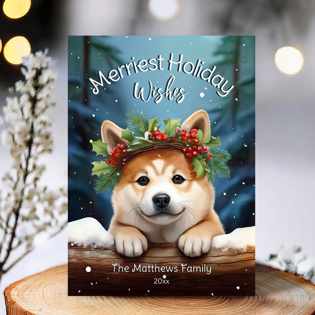 Woodland Winter Akita Hund Merriest Önskemål Julkort (Adorable Winter Snowy Scene With Peeking Dogs or Farm/Woodland Animals - Over 50 to Choose From!)