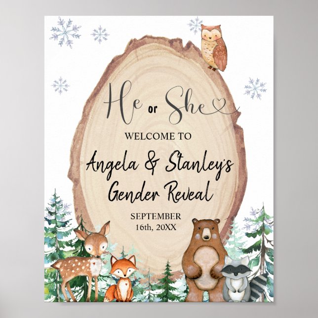 Woodland Winter Gender Reveal Animal Welcome Sign Poster (Framsidan)