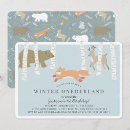 Woodland Winter Onederland Blue 1st Birthday Inbjudningar