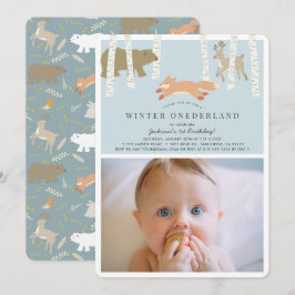 Woodland Winter Onederland Blue Photo 1st Birthday Inbjudningar