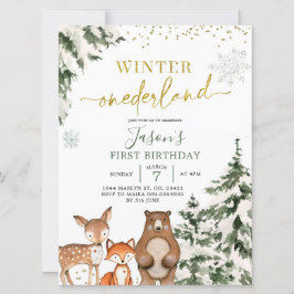 Woodland Winter Onederland Forest First Birthday I Inbjudningar