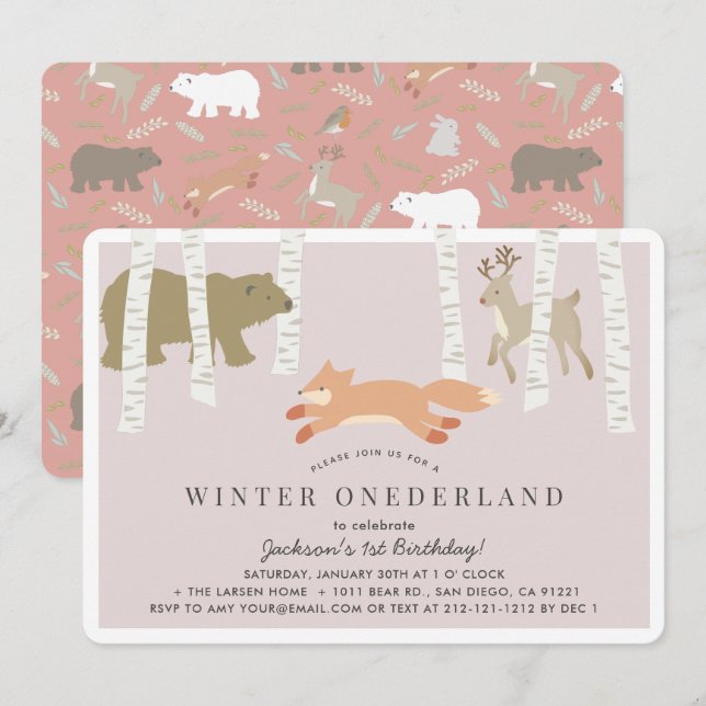 Woodland Winter Onederland Rosa 1:a födelsedag Inbjudningar (Fram/baksida)