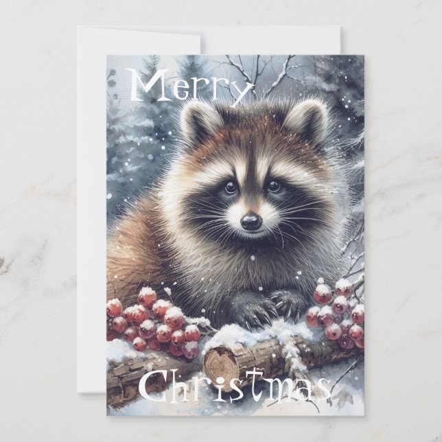 Woodland Winter Raccoon jul Watercolor Julkort (Framsida)