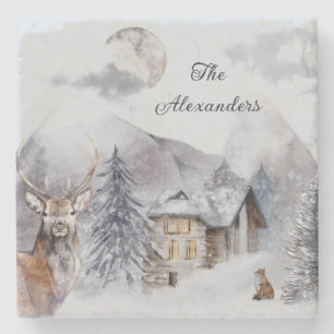 Woodland Winter Watercolor Family Namn Monogrammed Stenunderlägg