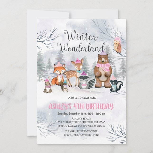 Woodland Winter Wonderland Birthday-inbjudan Inbjudningar (Framsida)