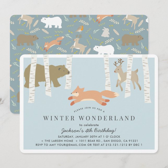 Woodland Winter Wonderland Blue Birthday Inbjudningar (Fram/baksida)
