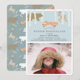 Woodland Winter Wonderland Blue Photo Birthday Inbjudningar