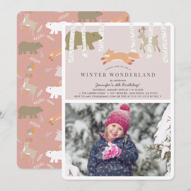 Woodland Winter Wonderland Rosa Photo Birthday Inbjudningar (Fram/baksida)
