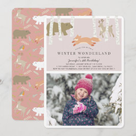 Woodland Winter Wonderland Rosa Photo Birthday Inbjudningar