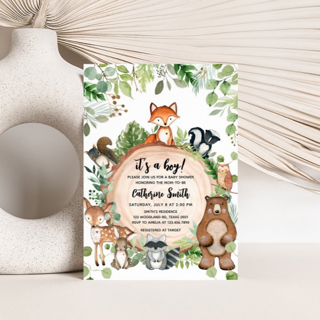Woodland Wood Slice Baby Shower Inbjudningar (Woodland Animals Baby Shower Invitation)