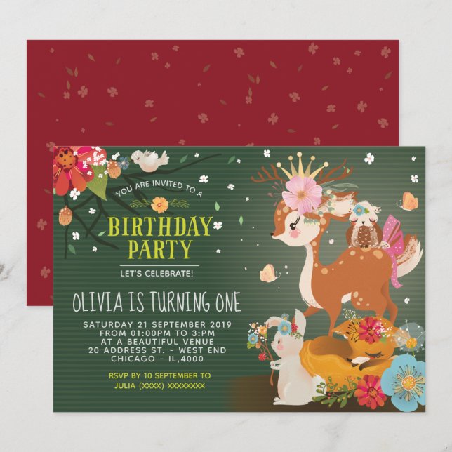 Woodlands Enchanted Forest Birthday Inbjudningar (Fram/baksida)