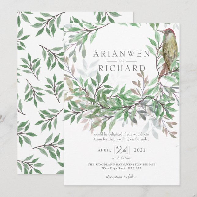 Woodpecker Foliage Watercolor Investigation, woodl Inbjudningar (Fram/baksida)