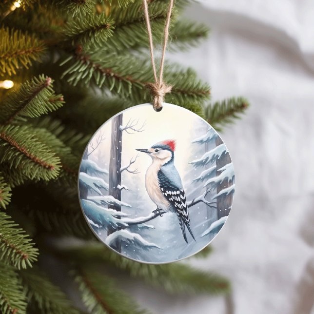 Woodpecker i Snowy Winter Woodland Jul Julgransprydnad Keramik (Skapare uppladdad)