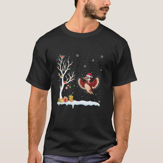 Woodpecker Santa Hat Festive Träd Light God jul T Shirt (Framsida)