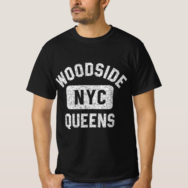 Woodside Queens NYC Gym Stil Distress White Pri T Shirt (Framsida)