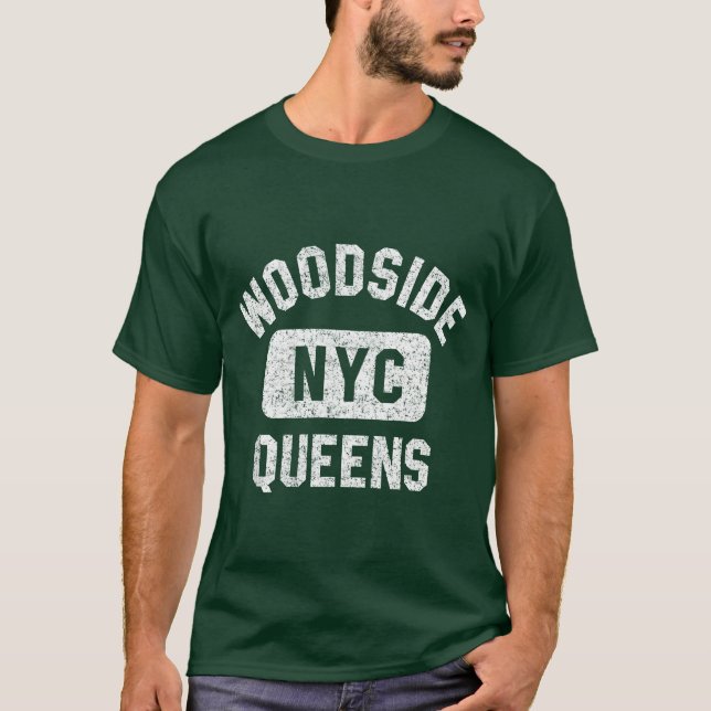 Woodside Queens NYC Gym Style Distressed White fri T Shirt (Framsida)