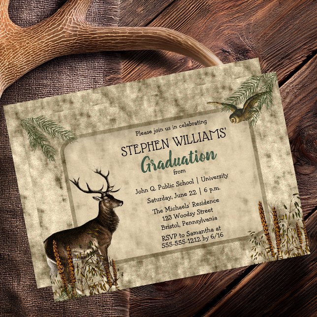 Woodsy Rustic Hjort | UGGLA STUDENTFEST Inbjudningar (Woodsy Rustic Deer and Owl Graduation Party Invitation -- Print | Digital Download)