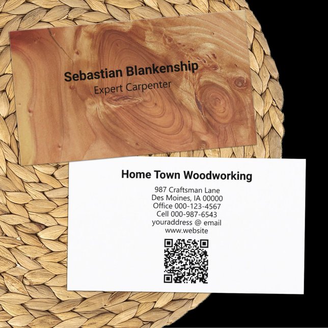 Woodworking Crateur Wood Struktur QR-kod Visitkort (business card front and back)