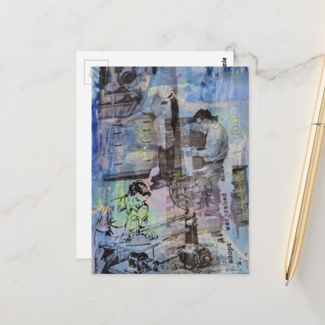 Woodworking Retro Men on a Blue Background Vykort (Fram/Back In Situ)