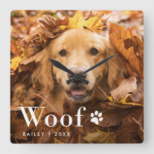 Woof   din hund foto och ett tasstryck fyrkantig klocka