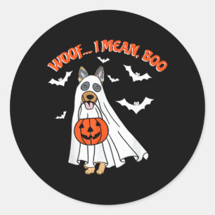 Woof menar Boo Roligt Spöke Hund Halloween Tysk Runt Klistermärke