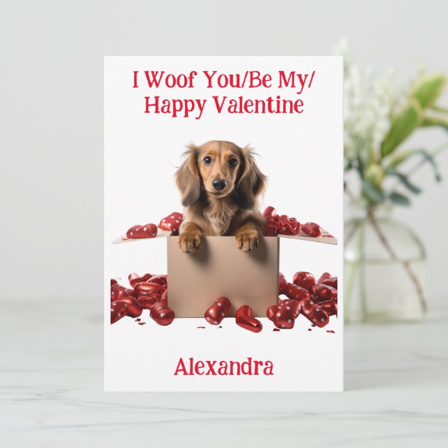 Woof you/be My/Lycklig Valentine Dachshund Puppy Julkort (Stående Fram)