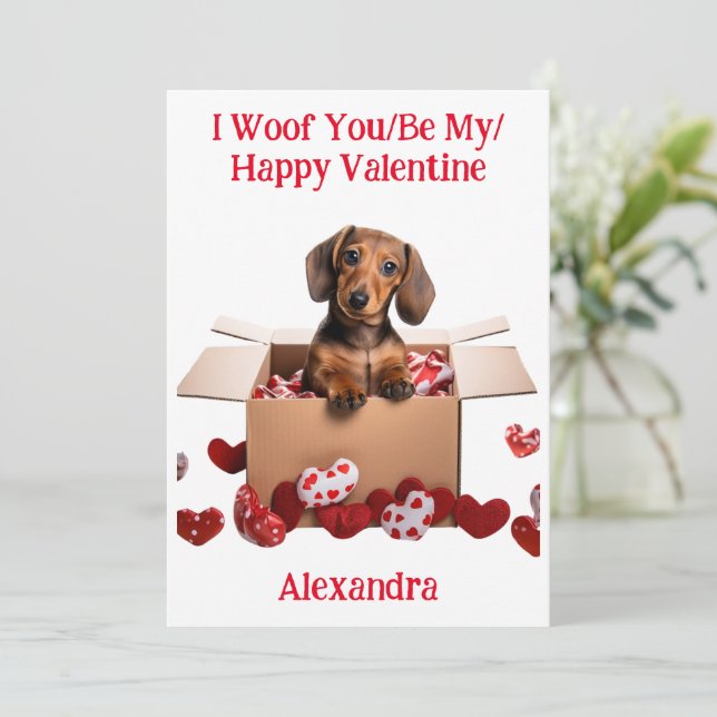 Woof you/be My/Lycklig Valentine Dachshund Puppy Julkort (Stående Fram)