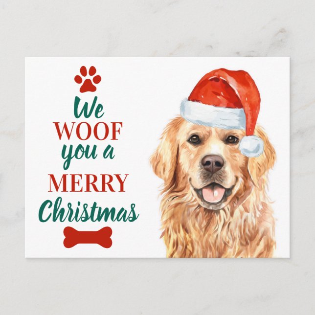 Woof You God jul Cute Hund Golden Retriever Helg Vykort (Framsida)