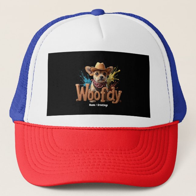 Woofdy Funny Western Cowboy Hund i Texas Keps (Framsida)