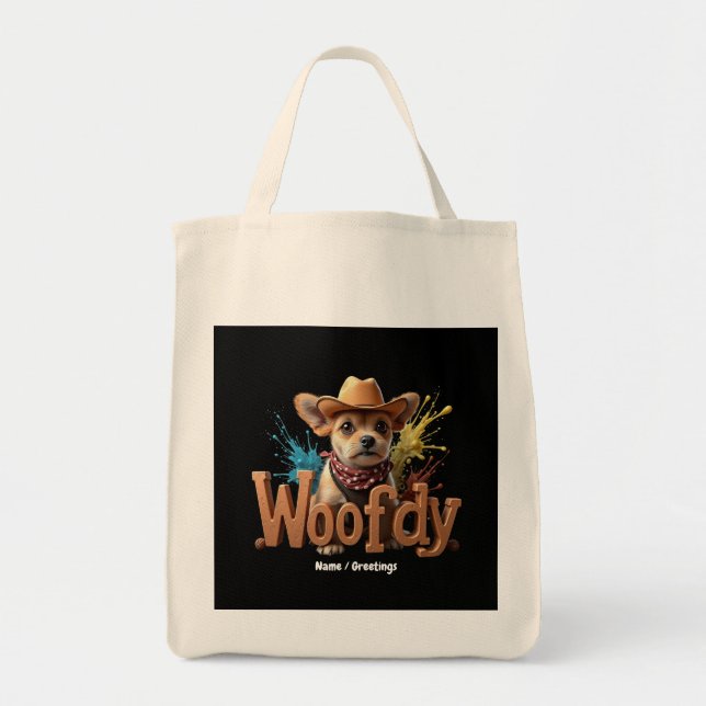 Woofdy Funny Western Cowboy Hund i Texas Tygkasse (Framsidan)