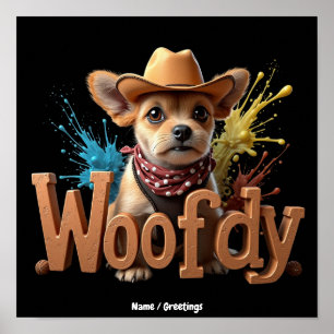Woofdy Rolig Western Cowboy Hund i Texas Poster