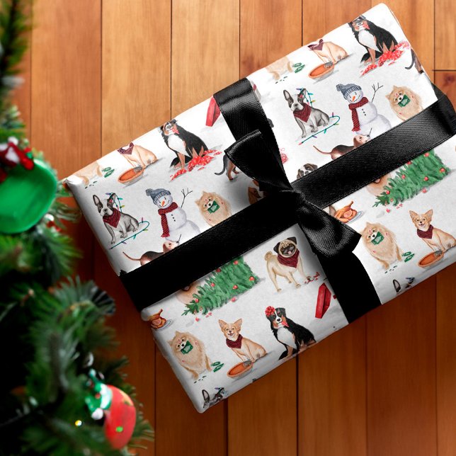 Woofy jul Cute Watercolor Naughty Hundar Presentpapper (Woofy Christmas Cute Watercolor Naughty Dogs Wrapping Paper)
