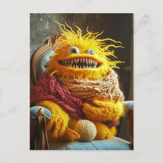 Wool monster crocheting in a chair. Funny Vykort (Framsida)