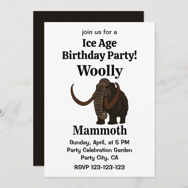 Wooly Mammoth Ice Age Birthday Inbjudningar (Fram/baksida)