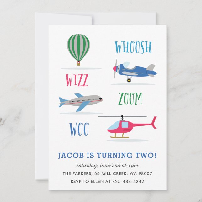 Woosh Vroom Woo Luft Barn födelsedagsfest Inbjudningar (Framsida)