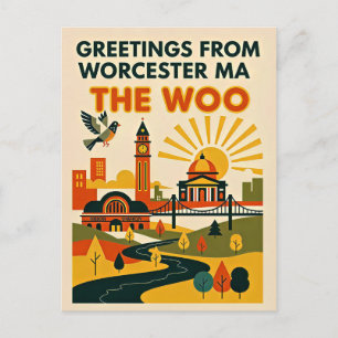 Worcester MA “The Woo” Retro Resa Vykort