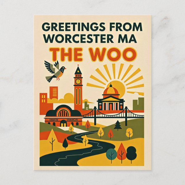 Worcester MA “The Woo” Retro Resa  Vykort (Framsida)